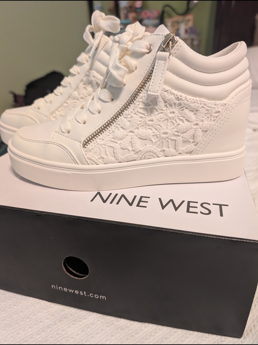 Nine West White Lace-Up Wedge Sneakers with Side Zip